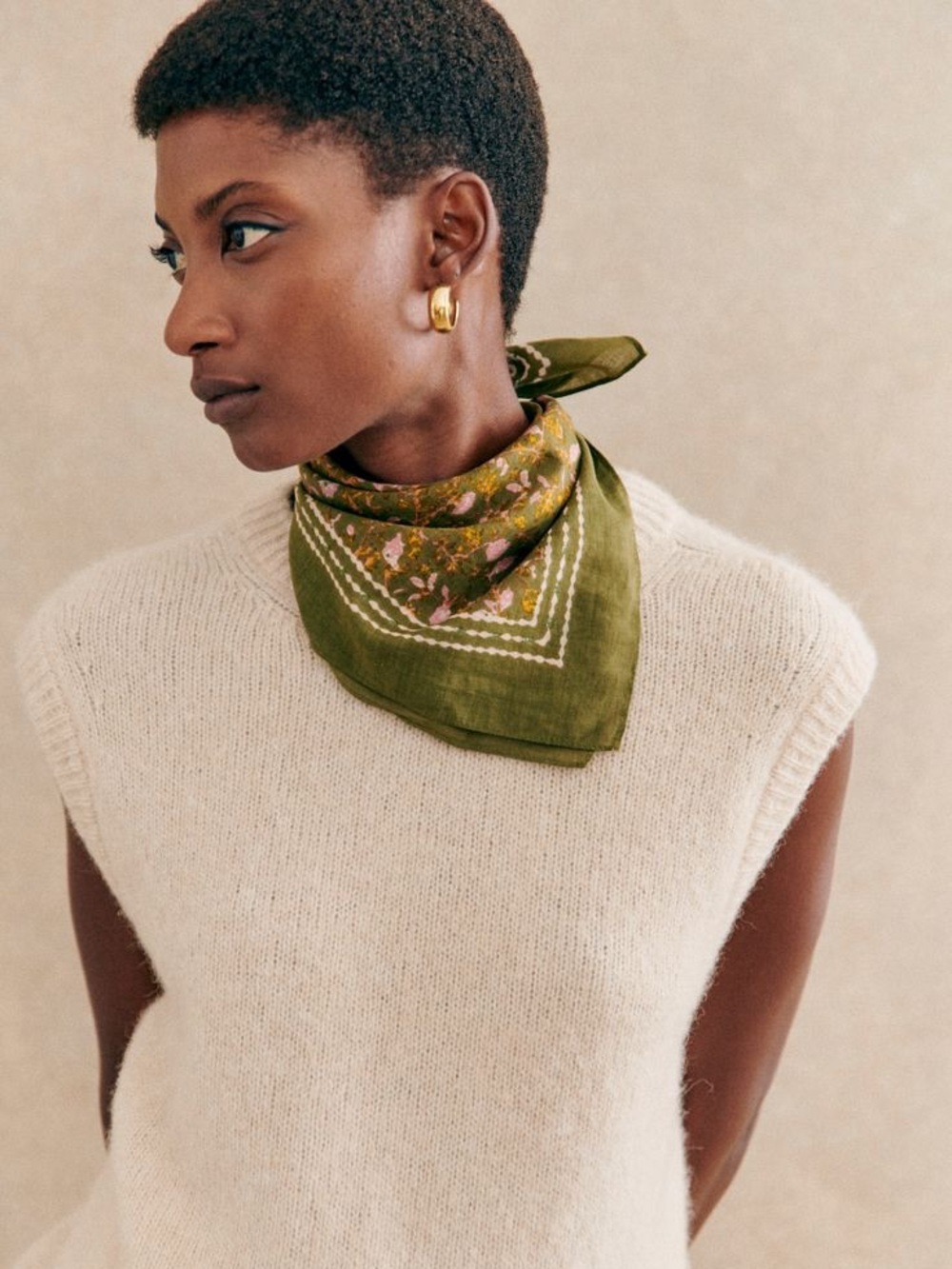 Sezane Gaston scarf Olive Khaki green Floral Cotton Bandana